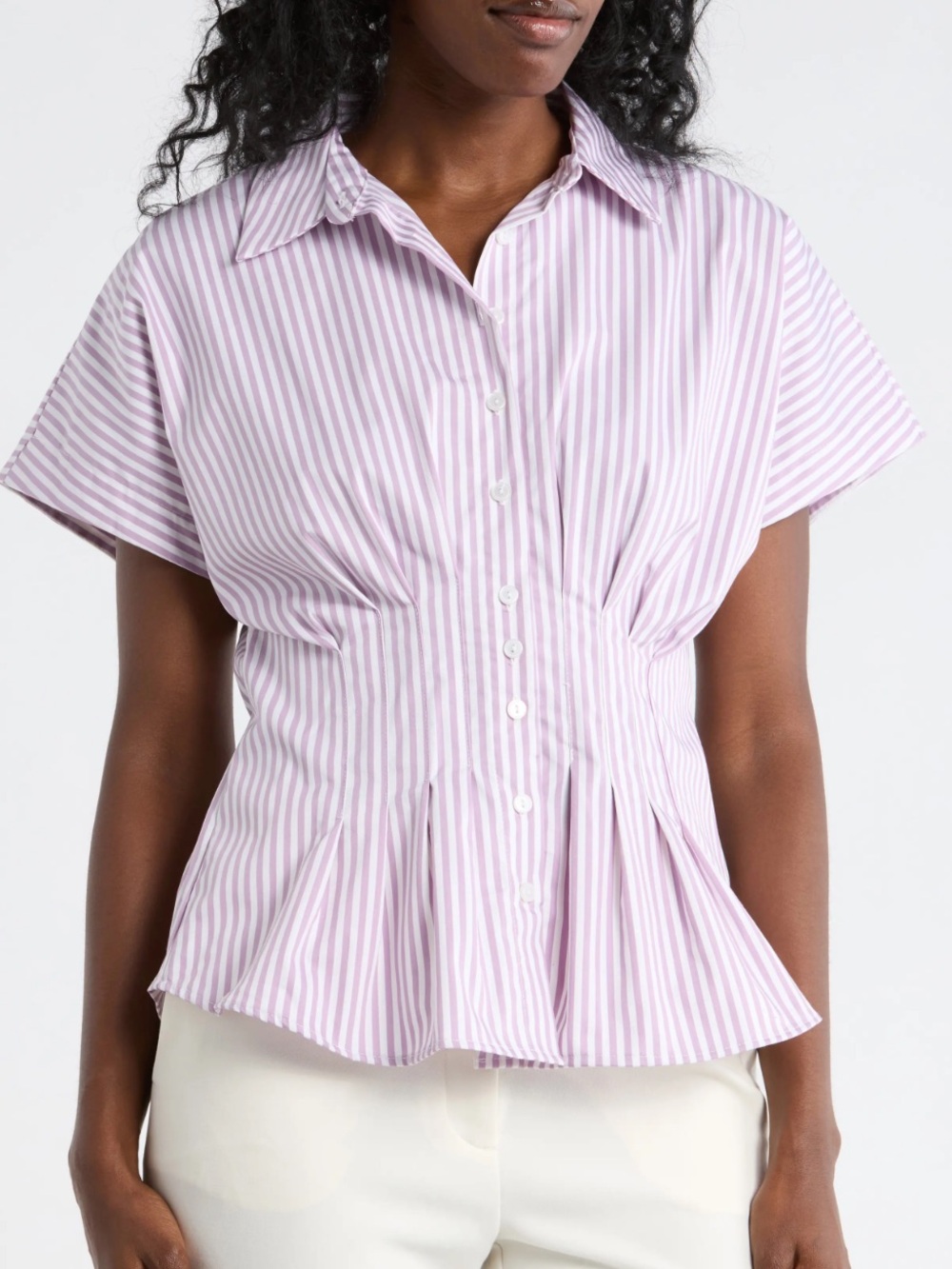 Philosophy Lavender and White Vertical Stripe Short-Sleeve Button-Down